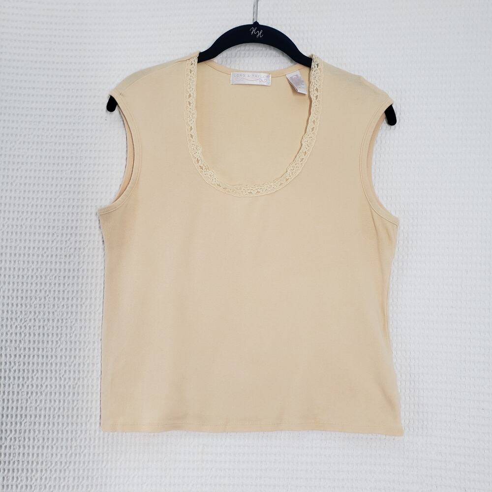 Vintage Lord and Taylor Sleeveless Top Womens Large Beige Lace Pima Cotton Y2K